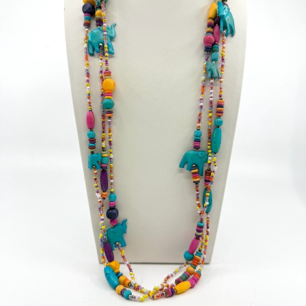 Vibrant Elephant Charm Boho Multi Strand Necklace - Layered Statement